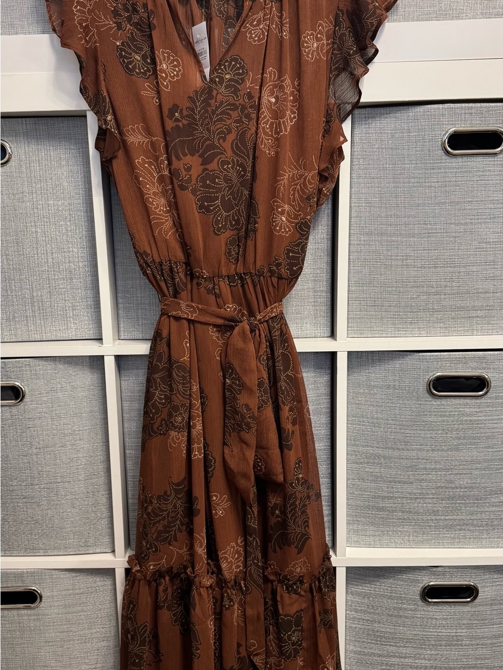 Ann Taylor Brown Floral Tiered Maxi Dress with Waist Tie